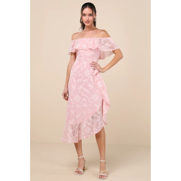Lulus Dresses & Skirts - Lulus Pretty Perfect Blush Pink Burnout Floral Off-the-Shoulder Midi Dress XL